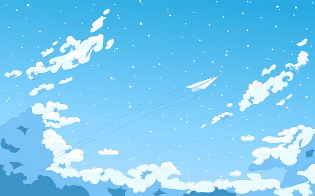 Vector illustration of Cloudy Sky in Anime manga style with paper plane background template