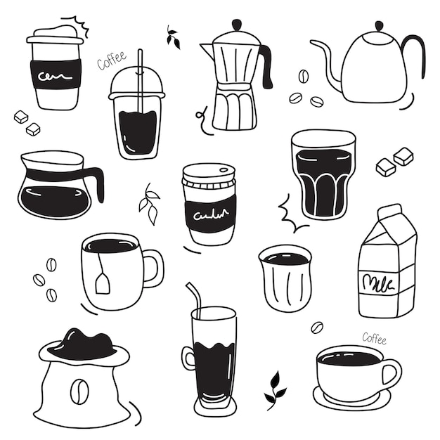 Vector illustration  coffee hand drawn , coffee, tea, soda water. Isolated background.