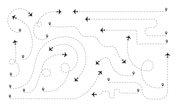 Vector illustration of a collection of airplane routes with various shapes