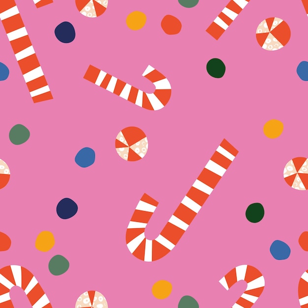 Vector illustration collection christmas candies licorice stick lollipop and berry Seamless pattern