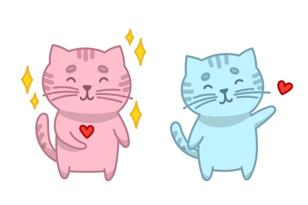 Vector illustration of color cartoon cats Happy kittens stand on white background with hearts Illustration for greeting card stickers