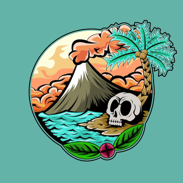 Vector illustration of colorful beach with volcanic eruption and skulls in the middle of the sea