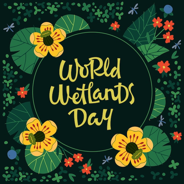 Vector illustration of colorful postcard for World Wetlands Day in round shaped frame with water lily flowers on green background