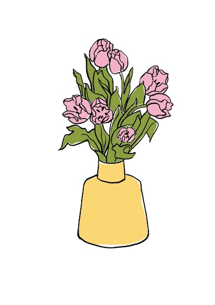 Vector illustration colorful sketch with pink tulip flowers with vase Art for for prints wall art banner background