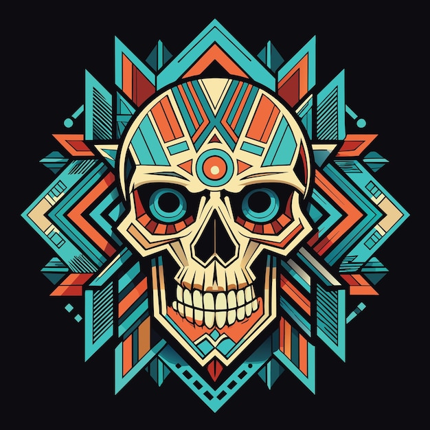 Vector illustration of a colorful skull with tribal ornaments on dark background