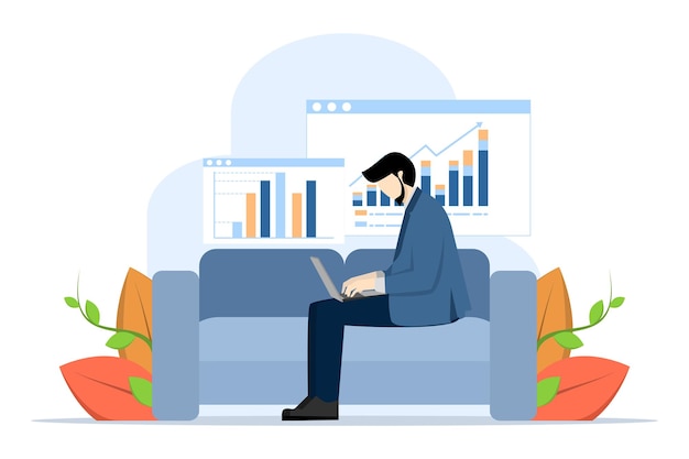 vector illustration Concept of analysis in business with man sitting on sofa with laptop doing analy