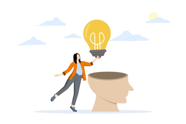 vector illustration of the concept of creativity ideas in business with a woman giving a light bulb