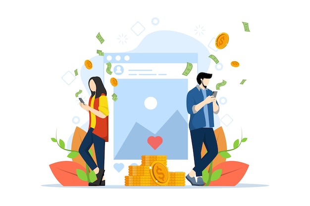 vector illustration Concept monetize blog or earn money on internet Man and woman make money online