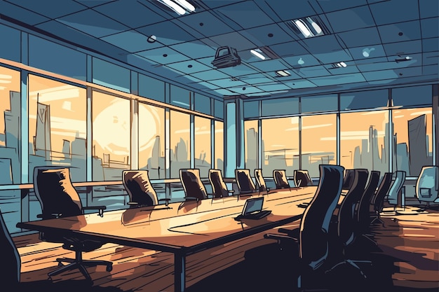 a vector illustration of a conference room with a view of the city.