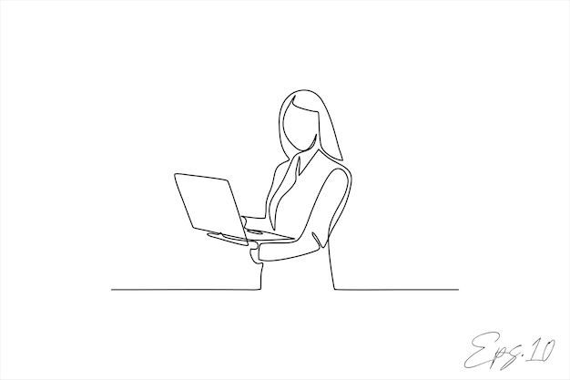 vector illustration continuous line of businesswoman holding laptop