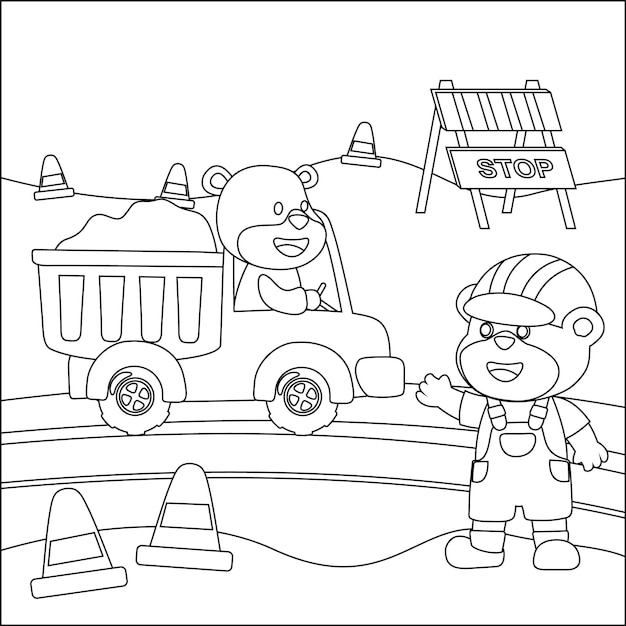 Vector illustration of contruction vehicle with cute litle animal driver colouring book or page