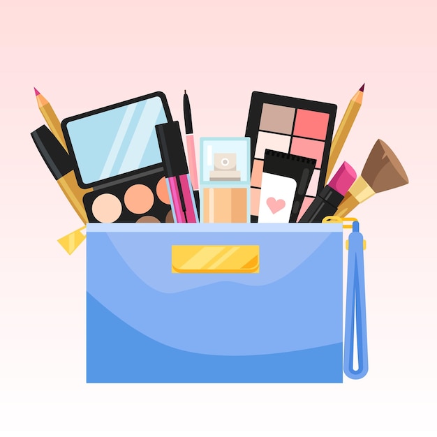 Vector illustration of a cosmetic bag with makeup products