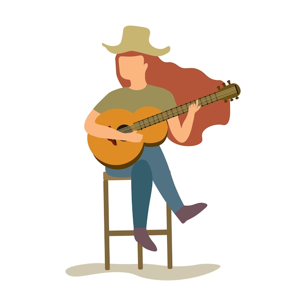 Vector illustration of country style female guitarist on white background