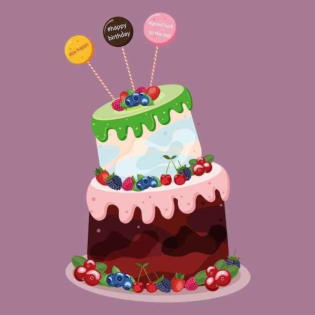 Vector illustration of a cream birthday cake decorated with lollipops and garden berries