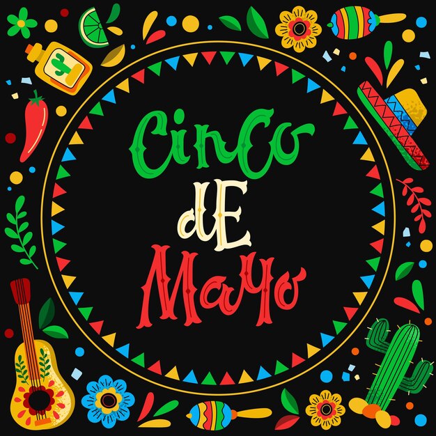 Vector vector illustration of creative greeting card for celebration of mexican holiday cinco de mayo on black background