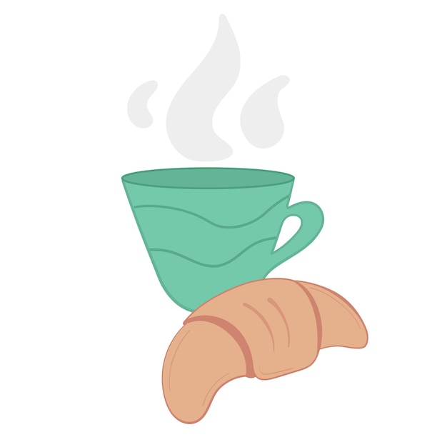 Vector illustration cup of coffee with croissant on white isolated background