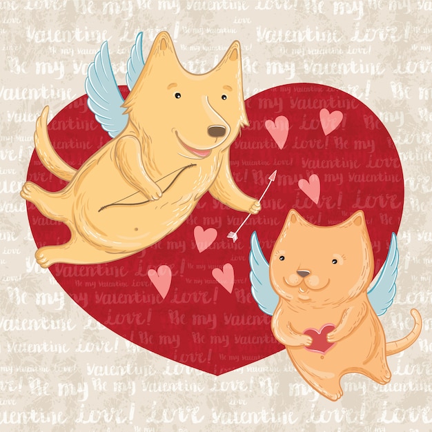 Vector illustration of Cupid dog and cat, greeting valentine. Template for greeting cards.