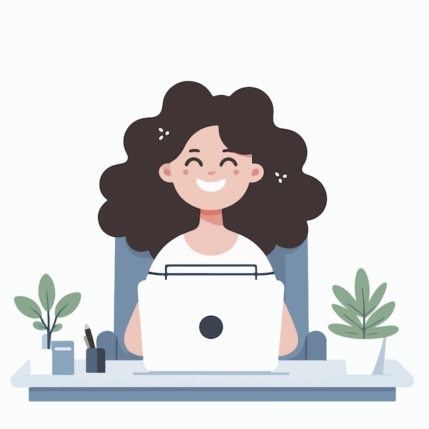 Vector vector illustration of curly hair businessman with laptop flat design style