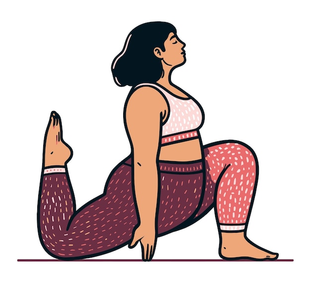 Vector vector illustration of a curvy woman performing a deep yoga stretch emphasizing body positivity and wellness