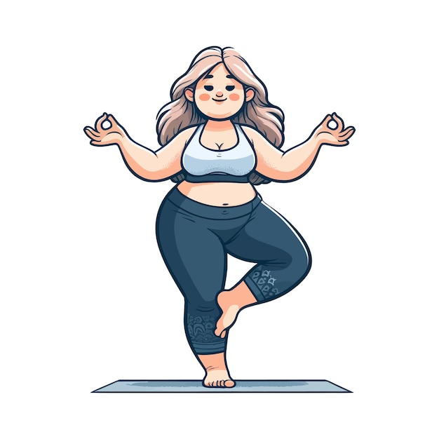 Vector vector illustration of a curvy woman practicing yoga in a tree pose embracing body positivity and mindfulness