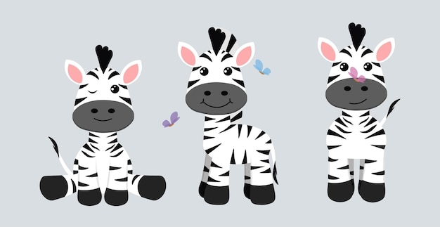 Vector vector illustration cute and beautiful zebras on white background charming characters in different poses with front view side and sitting playing with butterflies in cartoon style