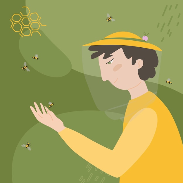 Vector illustration of cute beekeeper and bees.