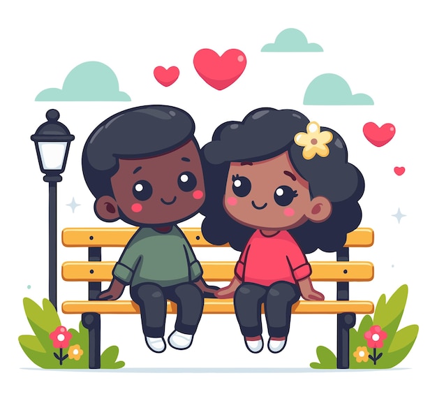 vector illustration of a cute black couple in love sitting on a park bench