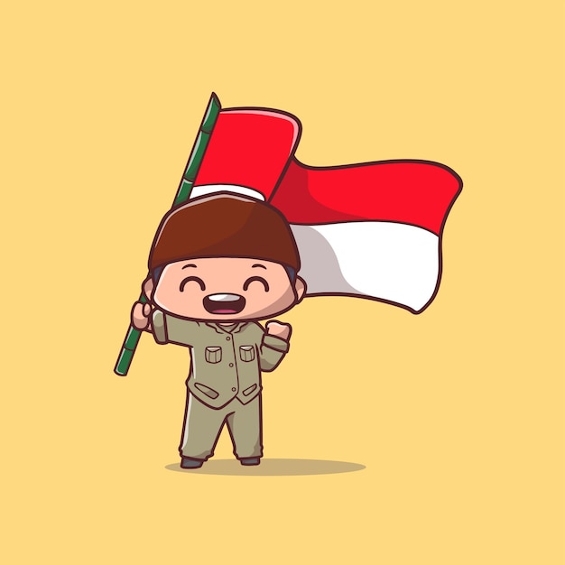 Vector illustration of cute boy holding Indonesian flag in hero shirt