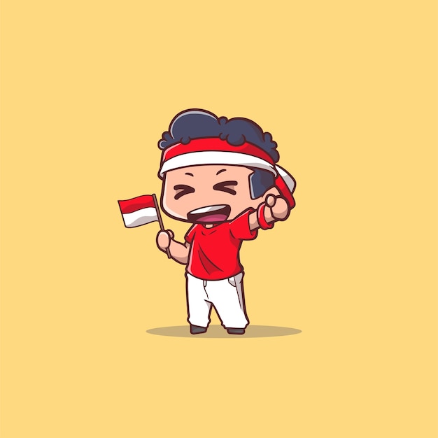 Vector illustration of a cute boy holding an Indonesian flag with the powerful spirit