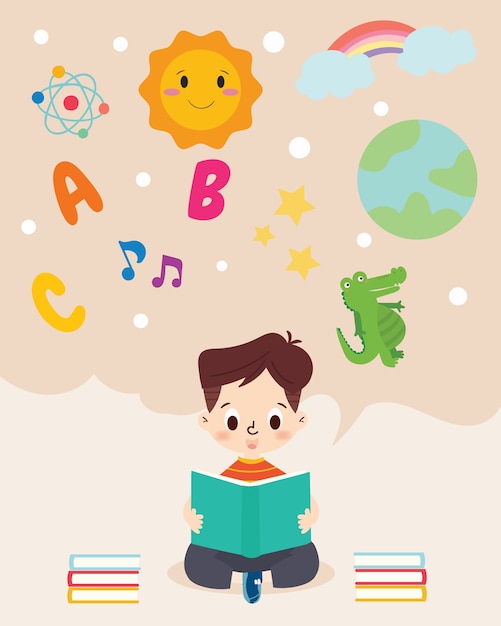 Vector illustration of cute boy reading a book 