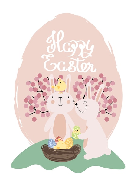 Vector illustration of cute bunny with bright eggs and and little chickens