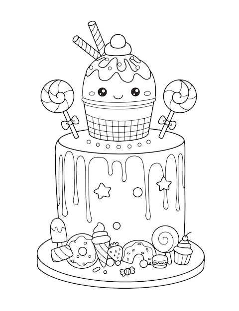 Vector Illustration Cute Cartoon Birthday Cake coloring page