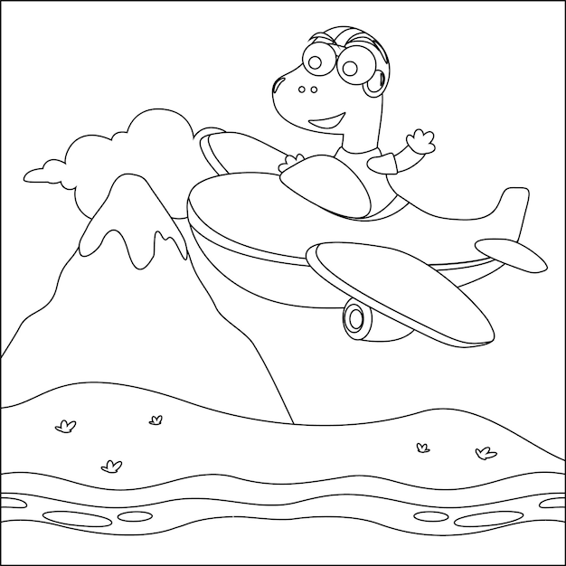 Vector illustration of cute dinosaur pilot flies in the sky on an airplane