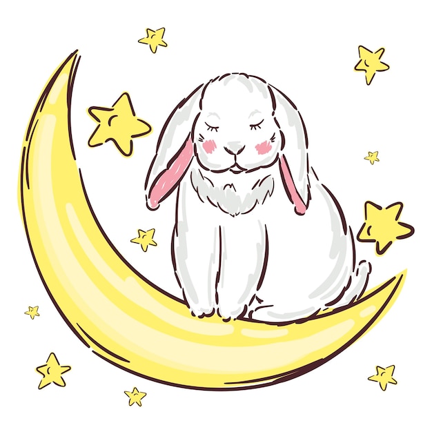 Vector illustration of a cute dreaming bunny girl sitting on the moon