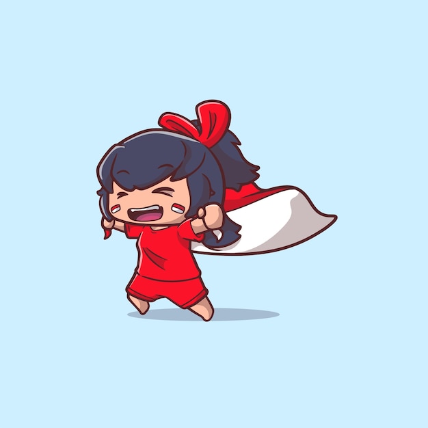 Vector illustration of a cute girl holding an Indonesian flag with a run