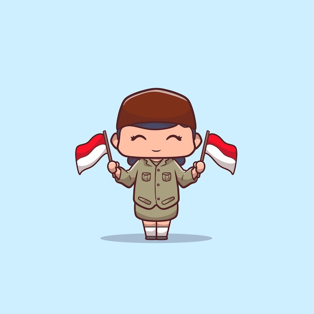 Vector illustration of cute girl holding two Indonesian flags with hero clothes