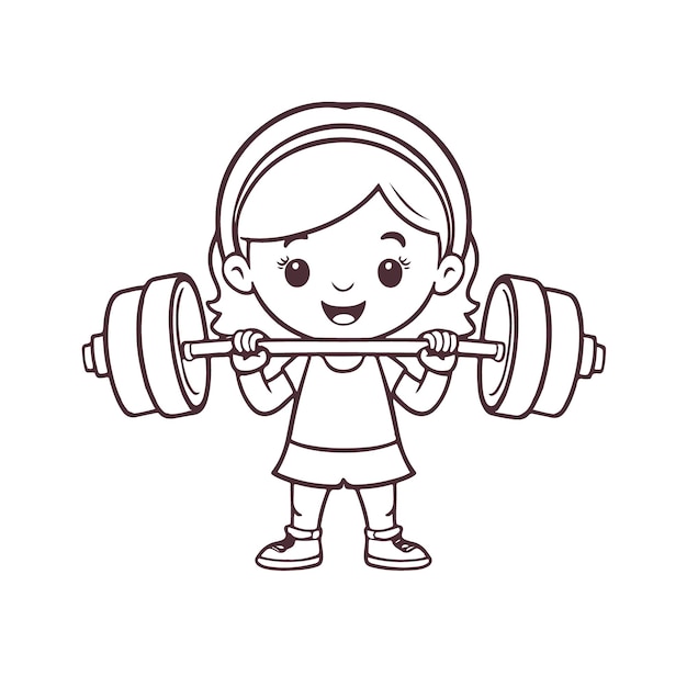 Vector vector illustration of a cute girl with dumbbell doodle for kids coloring page