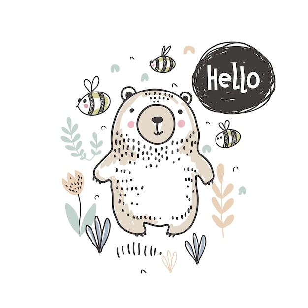 Vector vector illustration of cute hand drawn bear in the forest and text hello for cards textile paper