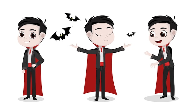 Vector vector illustration of cute and handsome count dracula isolated on white background a charming vampire dracula character in a red robe and with bats in different poses and emotion in a cartoon style