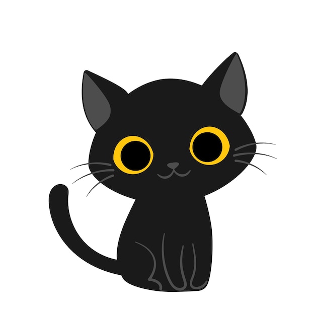 Vector illustration of cute happy black cat with yellow eyes