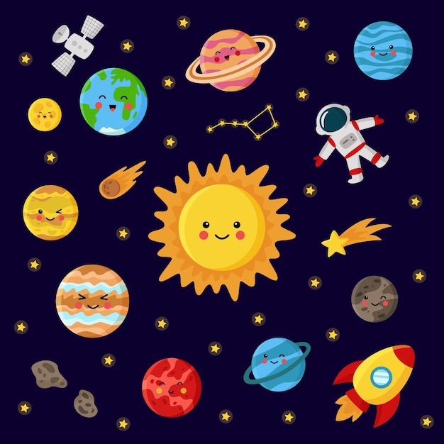 Vector illustration of cute kawaii Sun and planets of solar system.