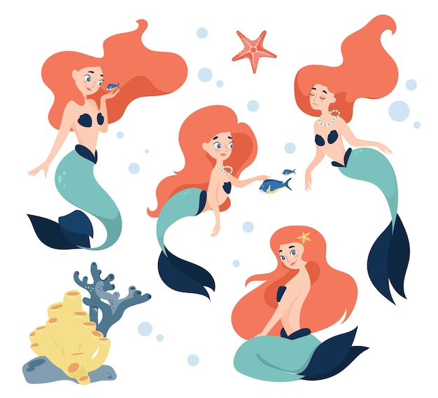 Vector illustration of a cute mermaid in different poses. A fabulous cartoon-style character on a white background.