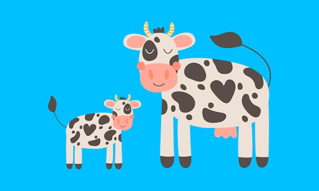 Vector illustration Cute mother cow with baby Funny farm animals for kids Black white blue and pink