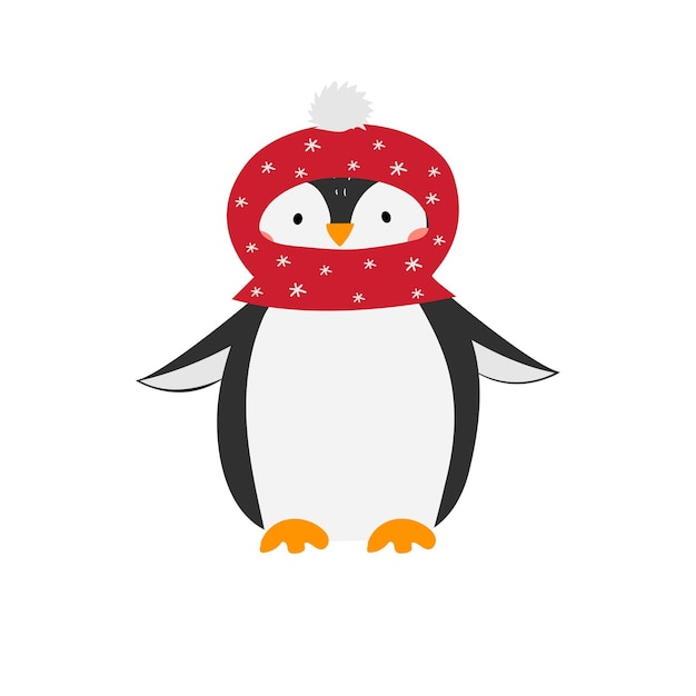 Vector illustration of a cute penguin. Penguin in a fashionable red hat.