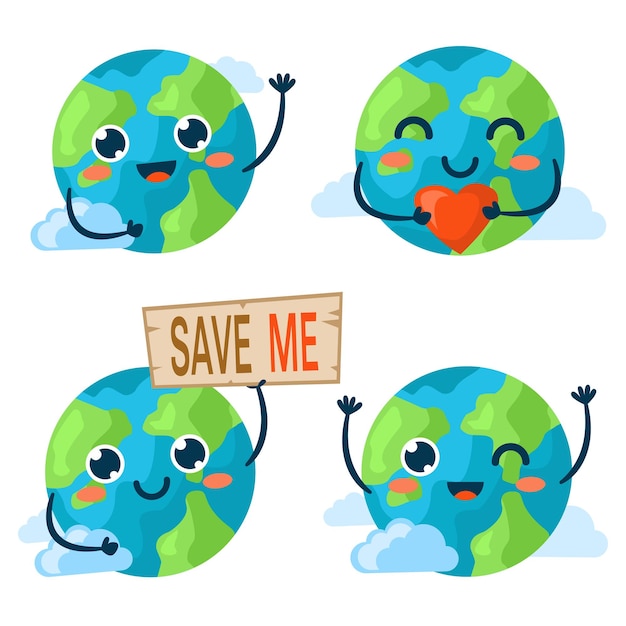 Vector illustration of a cute planet Earth with a face and hands Happy clean planet