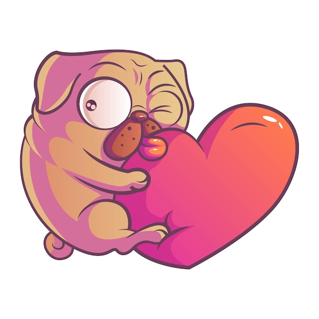 Vector Illustration of cute pug winking while clinging to the heart