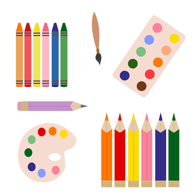 Vector illustration cute set of damn creativity colored pencils paints palettes felttip pens