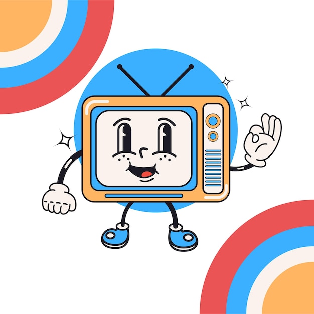 Vector illustration of a cute smiling tube TV in a retro groove style in stylish colors