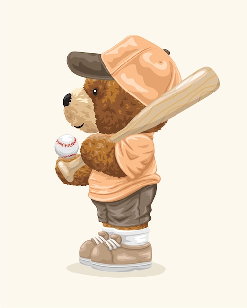 Vector illustration of cute teddy bear in baseball uniform with baseball bat and ball