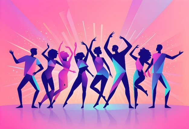 a vector illustration of dancing people silhouettes with colorful clothes and background